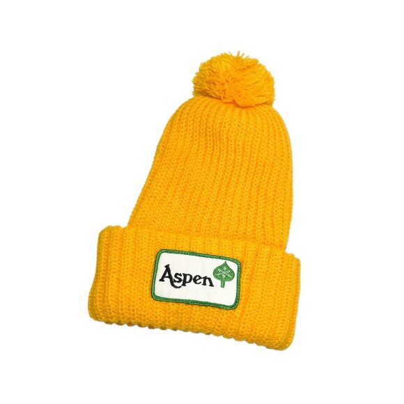 Vintage Aspen Patch Pom Knit Winter Yellow Hat Beanie Skiing - Picture 1 of 4